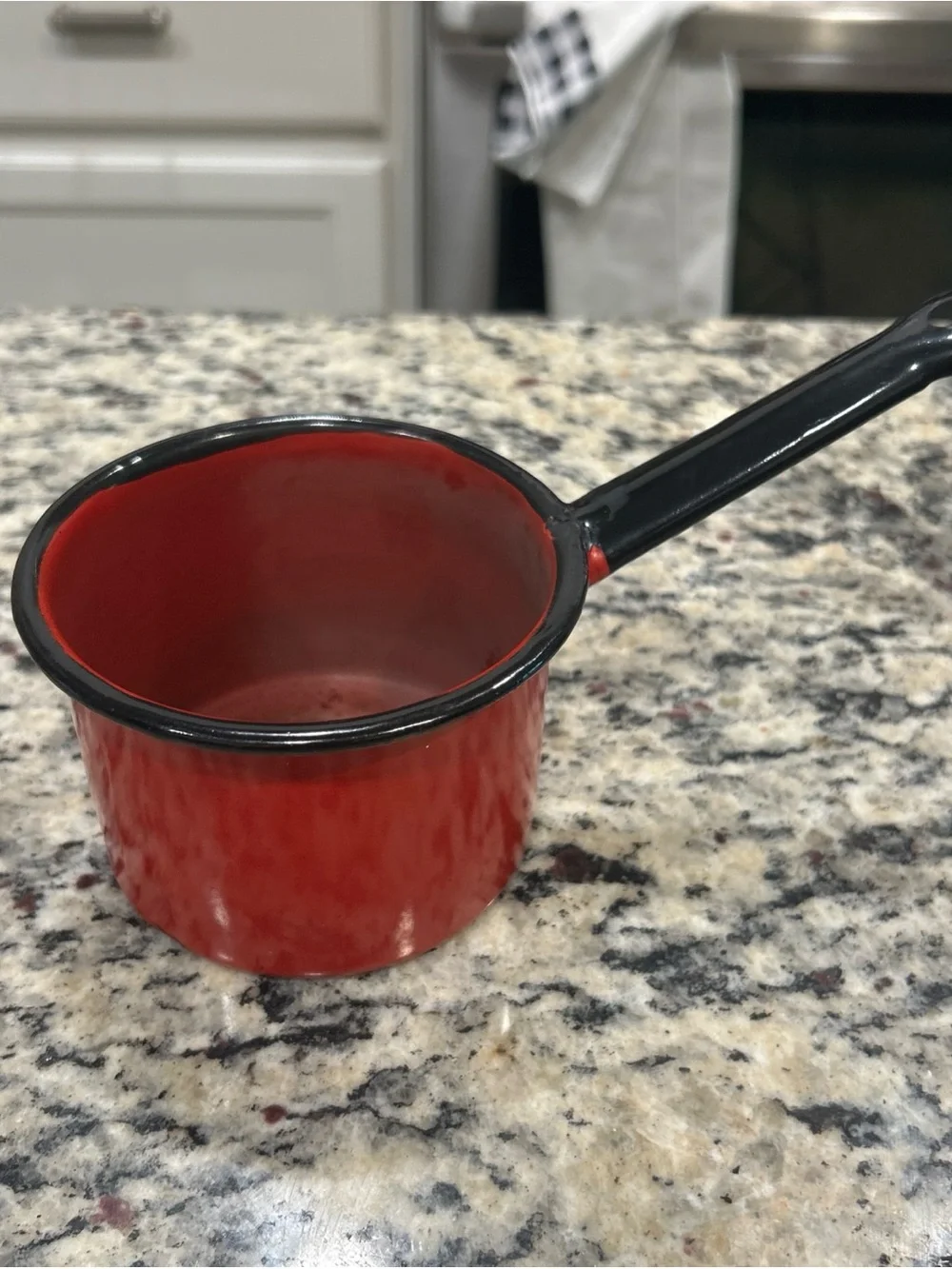 VINTAGE RED & BLACK ENAMELWARE MILK PAN OR BUTTER/CREAM WARMING POT- 4